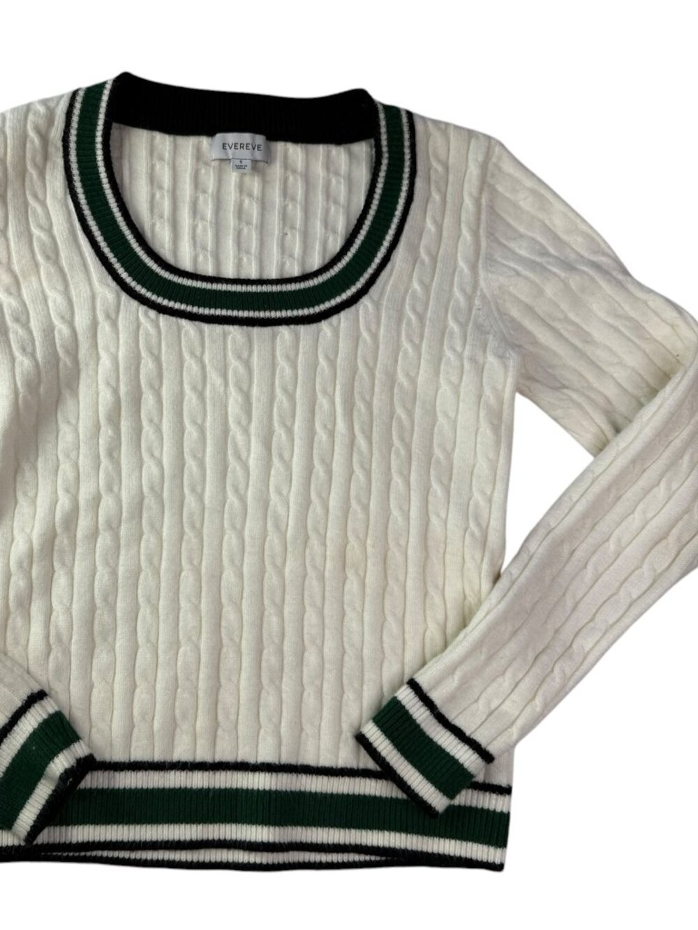 EVEREVE Preppy Cableknit Sweater White with Green/Black Border Sz Women's Small